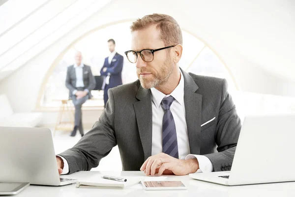 Portrait Senior Financial Director Businessman Wearing Suit Sitting Desk While — Stock Photo, Image