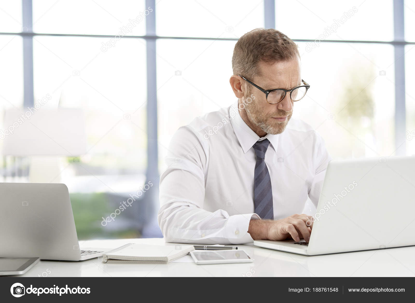 Careworn Financial Advisor Businessman Wearing Shirt Tie Whilw