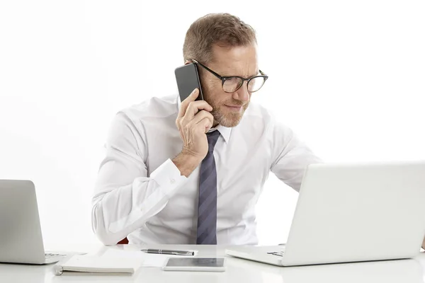 Middle Aged Businessman Sitting Front Laptops Using Mobile Phone While — Stock Photo, Image