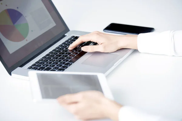 Imagem Close Mão Empresária Vendas Usando Tablet Digital Laptop Enquanto — Fotografia de Stock