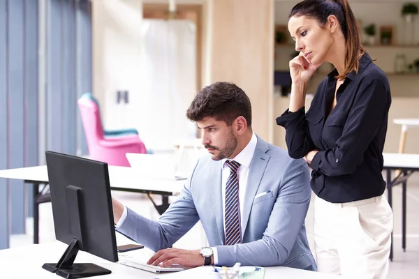 一群商人一起在新项目上工作 投资顾问商人坐在电脑前与一位有魅力的女商人商量 — 图库照片