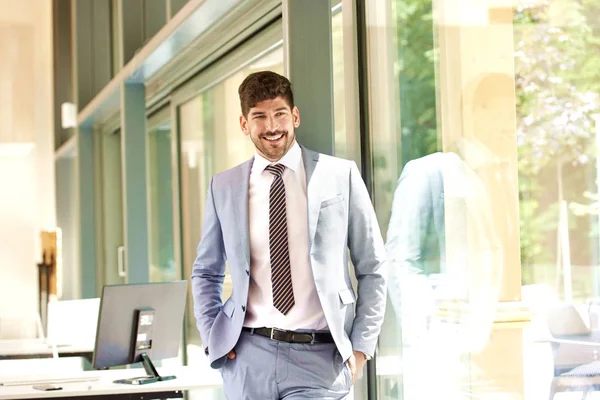 Retrato Jovem Empresário Confiante Vestindo Terno Gravata Enquanto Relaxa Janela — Fotografia de Stock