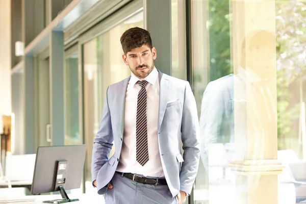 Portrait Successful Businessman Wearing Suit Tie While Standing Office Looking — Stock Photo, Image