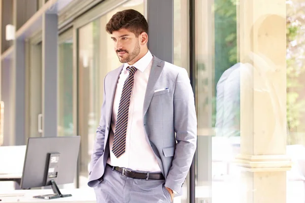 Retrato Jovem Empresário Confiante Vestindo Terno Gravata Enquanto Relaxa Janela — Fotografia de Stock