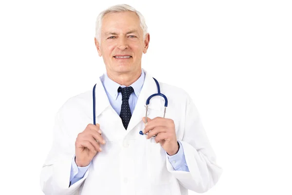Portrét Záběr Senior Mužského Lékaře Stetoskopem Kolem Krku Nosí Uniformu — Stock fotografie
