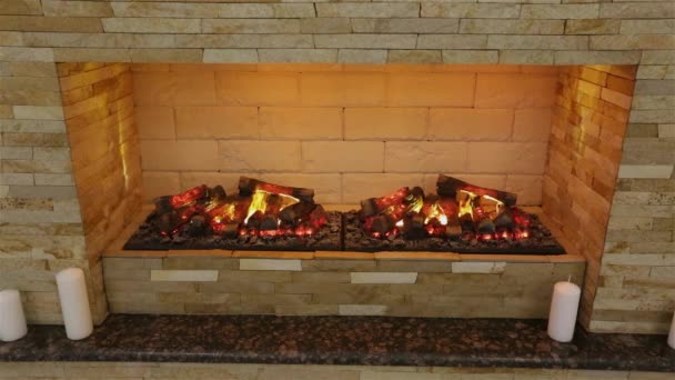 Fireplace with wood in interiors. Simulated fire — Stock Video