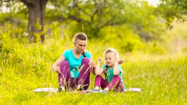 Madre con hija sentarse en la naturaleza — Vídeos de Stock