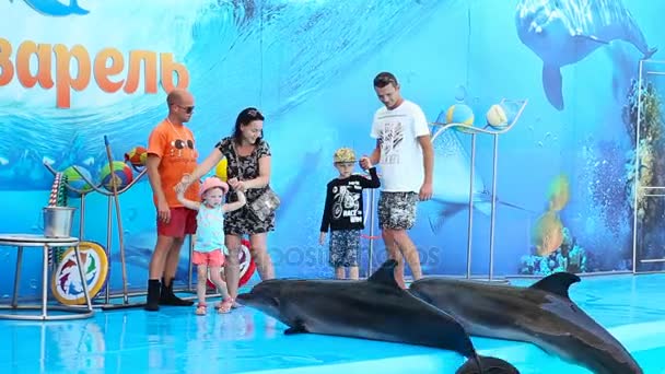 Скадовск, Украина-сентябрь 09.2016. Речь дельфинов в дельфинарии — стоковое видео