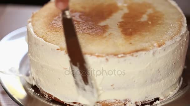 Chef smears cream on cake — Stock Video