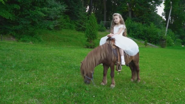 Κοριτσάκι είναι ιππασίας ένα πόνι — Αρχείο Βίντεο