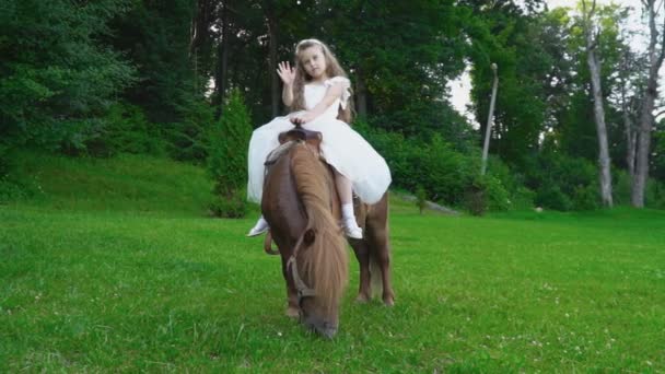 La niña está montando un pony. — Vídeo de stock