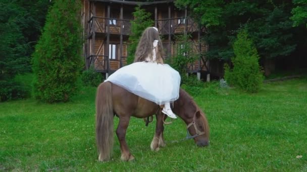 La niña está montando un pony. — Vídeos de Stock