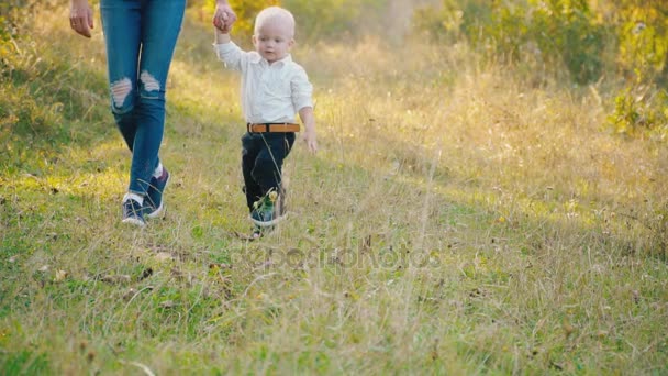 Mamma och son gå — Stockvideo