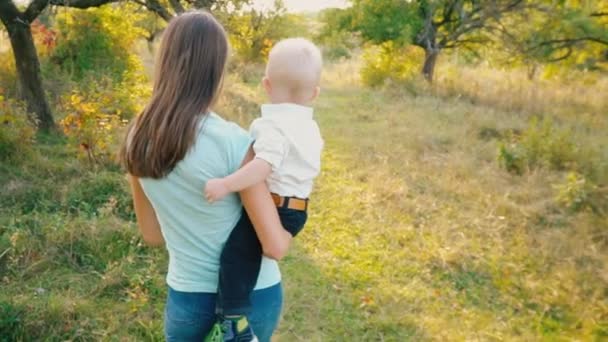 Maman et son fils marchent dans la nature — Video