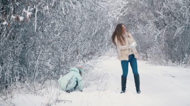 ママと娘は、雪玉を投げる — ストック動画