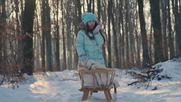 女孩在拉雪橇 — 图库视频影像