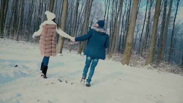 夫妇漫步在冬季森林 — 图库视频影像