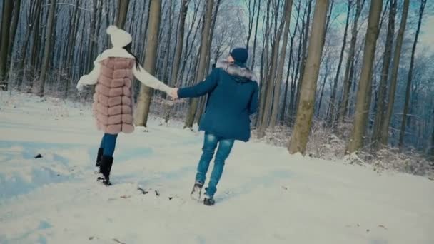 Pareja caminando por el bosque de invierno — Vídeos de Stock