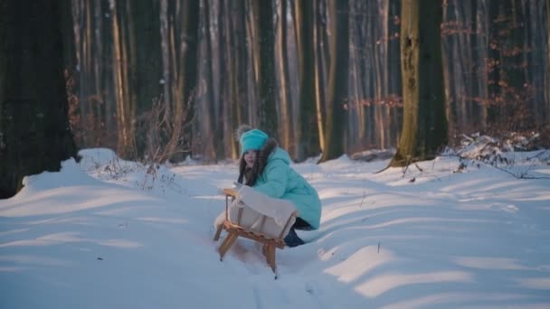 女孩在拉雪橇 — 图库视频影像