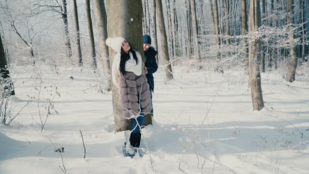 Paar in het winter forest — Stockvideo