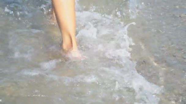 Женские ноги, ходящие в неглубоком море — стоковое видео