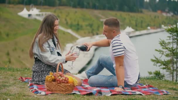 Pareja en un picnic beber vino — Vídeo de stock