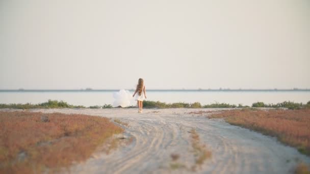 Fille avec des ballons sur une route de sable — Video