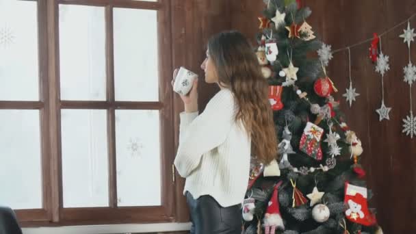 Dívka pije čaj u okna — Stock video