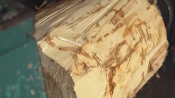Στρογγυλό ξύλο που περιστρέφεται σε μια μηχανή — Αρχείο Βίντεο
