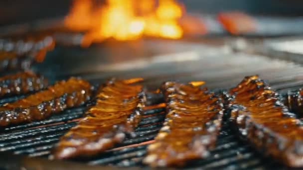 Pieces of ribs with meat fry on fire — Stock Video