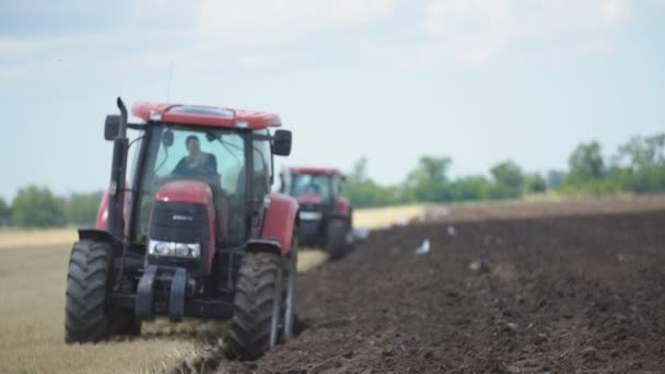 Deux tracteurs labourent le sol — Video