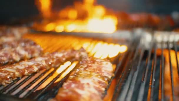 Pieces of ribs with meat fry on fire — Stock Video
