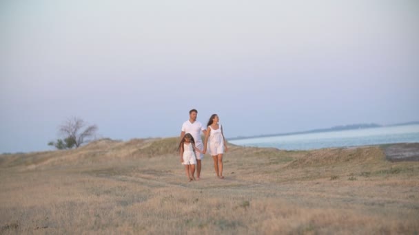 Familie van drie wandelen in de natuur — Stockvideo