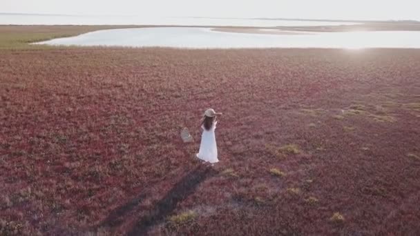 Девушка в белом платье, идущая вдоль берега — стоковое видео