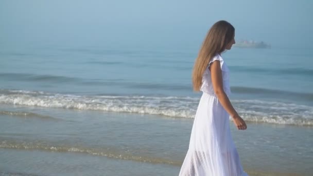 Ragazza a piedi lungo la riva del mare — Video Stock