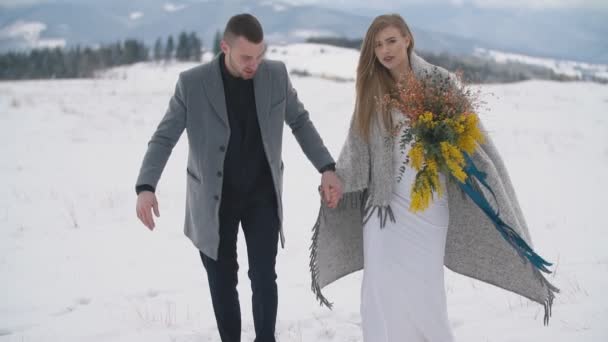 Couple walking on a snowy lawn — Stock Video