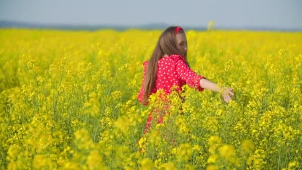 Mädchen läuft mit Rapsblüten über das Feld — Stockvideo