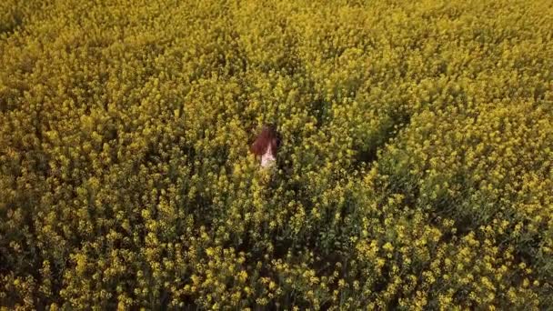 Girl on the field among canola flowers — Stock Video