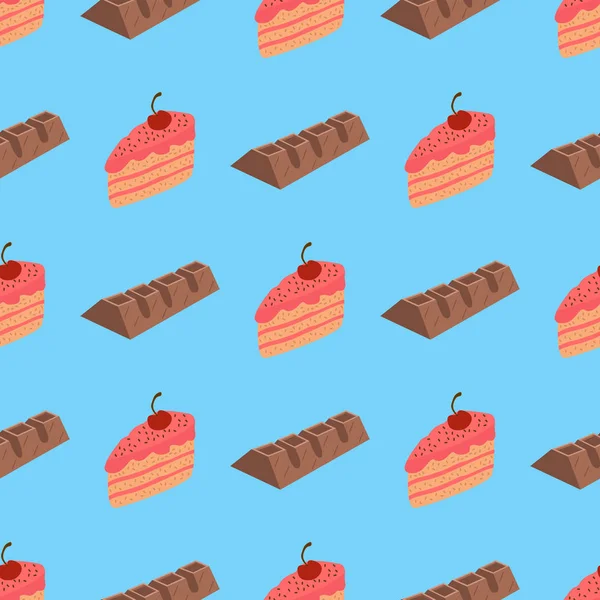 Patroon met chocolade en cake op blauwe achtergrond — Stockvector