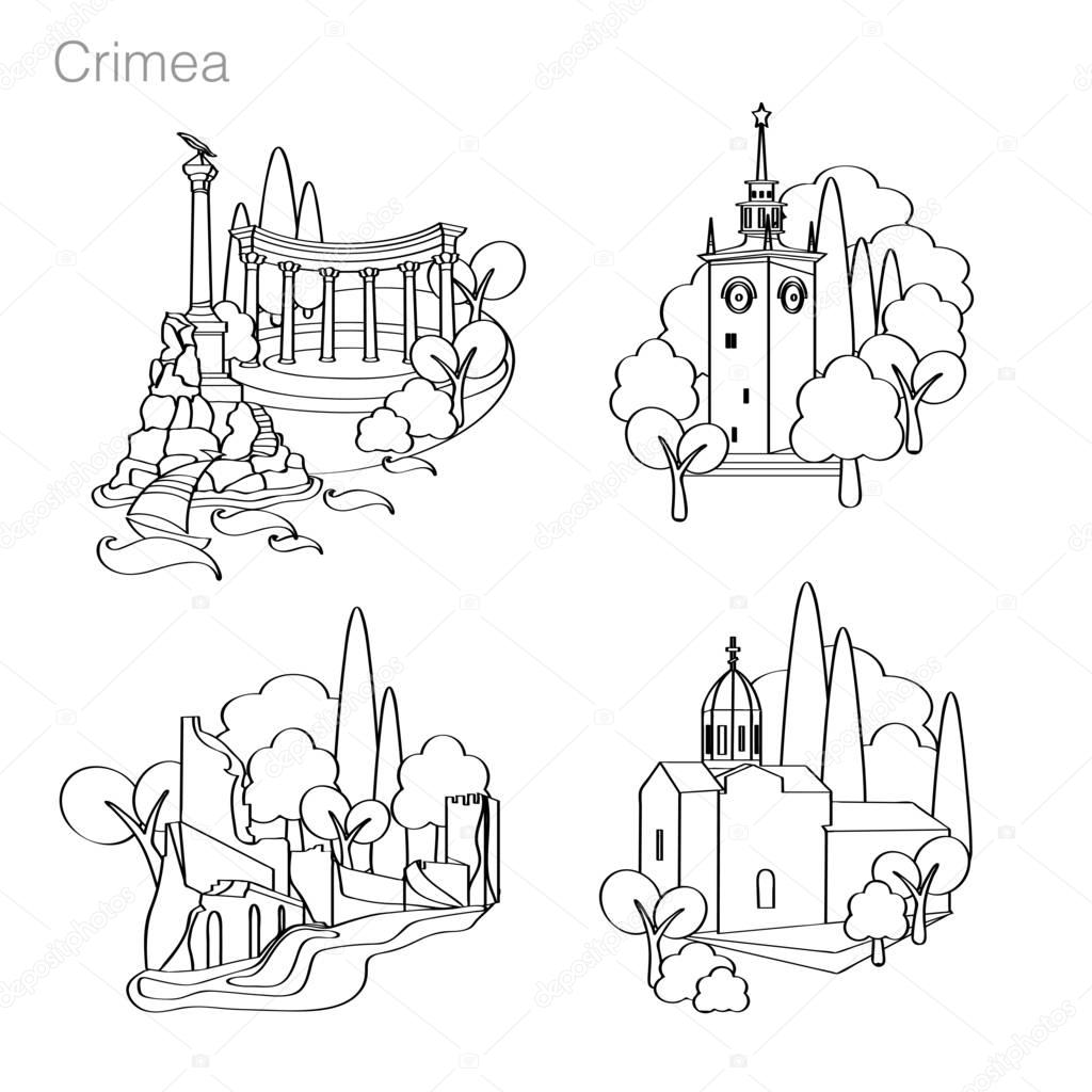 Landmarks of Crimea. Set of icons. Drawing vector illustration