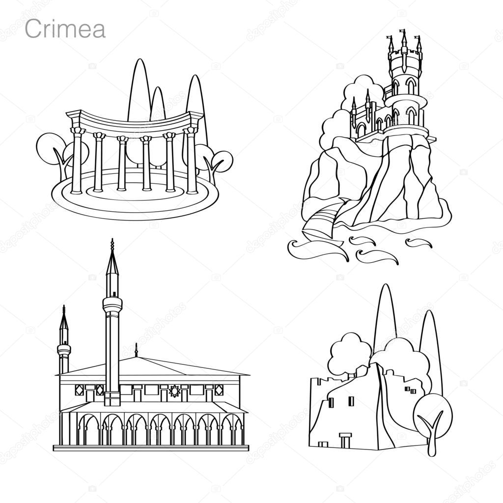 Landmarks of Crimea. Set of icons. Drawing vector illustration