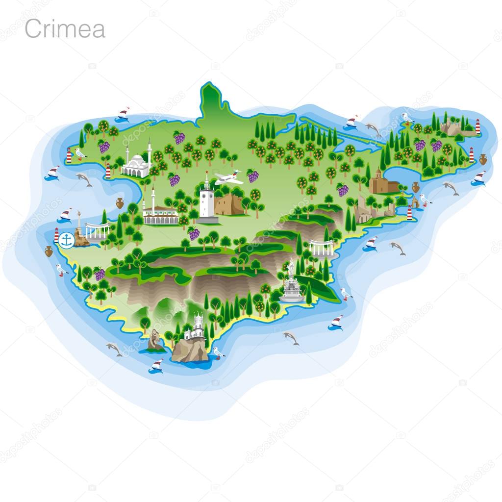 Drawing of color Crimea tourist map. Vector illustration