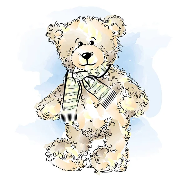 Desenho Teddy Bear com cachecol. Ilustração vetorial de cores — Vetor de Stock