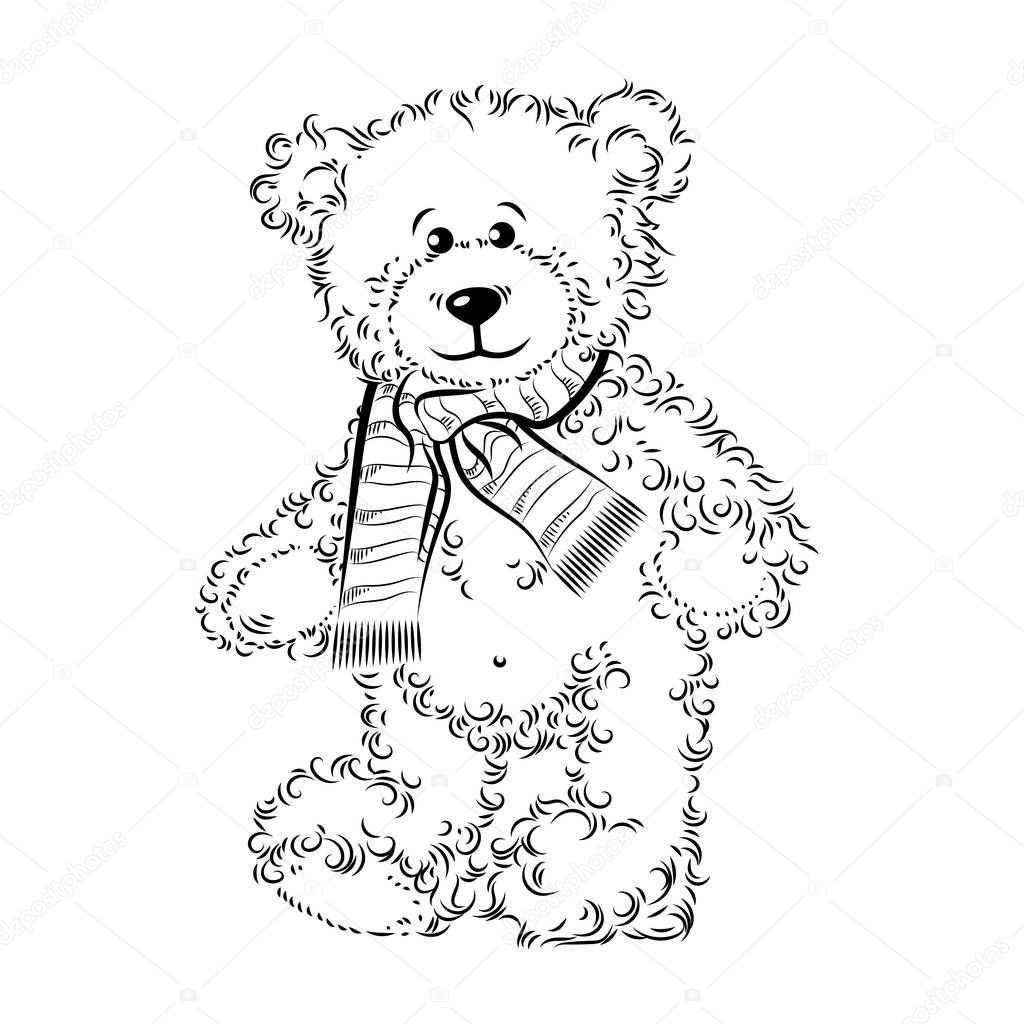 Drawing Teddy Bear with scarf. Vector illustration