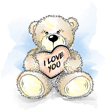 Oyuncak ayı kalp ile çizim. Renk vektör çizim