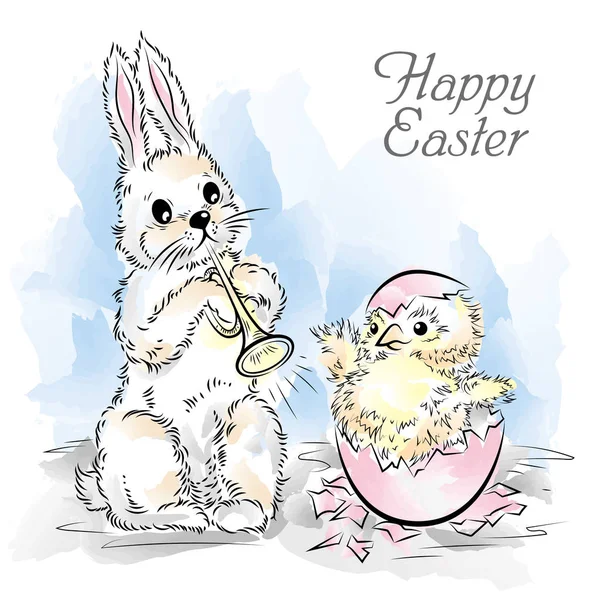 Tarjeta de Pascua con conejo y pollo recién nacido — Archivo Imágenes Vectoriales