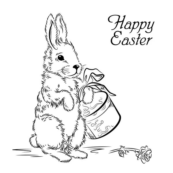 Tarjeta de Pascua con conejo con caja y rosa. Ilustración vectorial — Archivo Imágenes Vectoriales