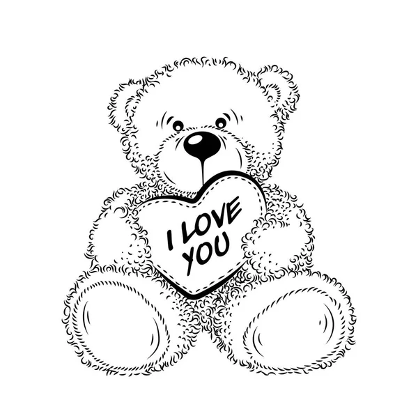 Рисование медвежонка Тедди с сердцем. Векторная иллюстрация — стоковый вектор