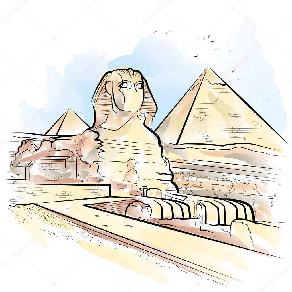 Drawing color pyramids and Sphinx in Giza, Egypt