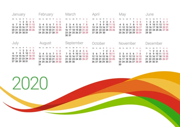 Rok 2020 šablona návrhu kalendáře — Stockový vektor